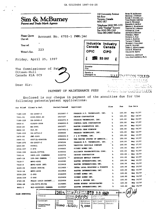 Canadian Patent Document 2123456. Fees 19970425. Image 1 of 1