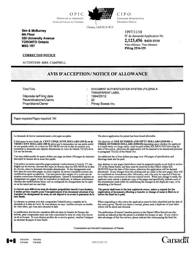 Canadian Patent Document 2123456. Correspondence 19971110. Image 1 of 1