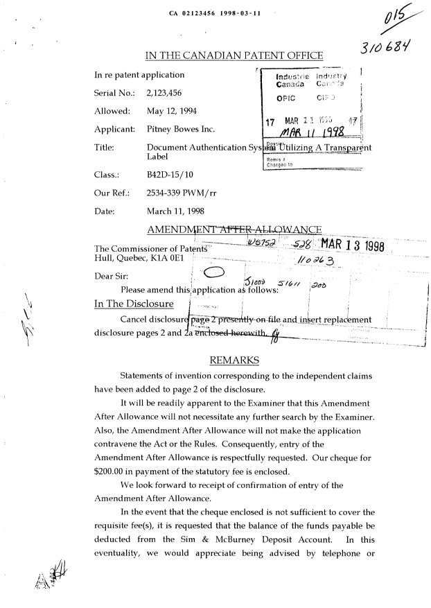 Canadian Patent Document 2123456. Prosecution-Amendment 19980311. Image 1 of 4