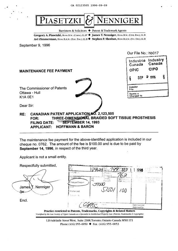 Document de brevet canadien 2123505. Taxes 19960909. Image 1 de 1