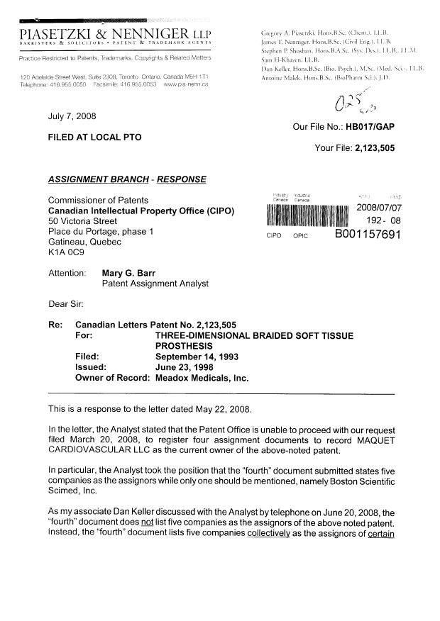Document de brevet canadien 2123505. Cession 20080707. Image 1 de 2