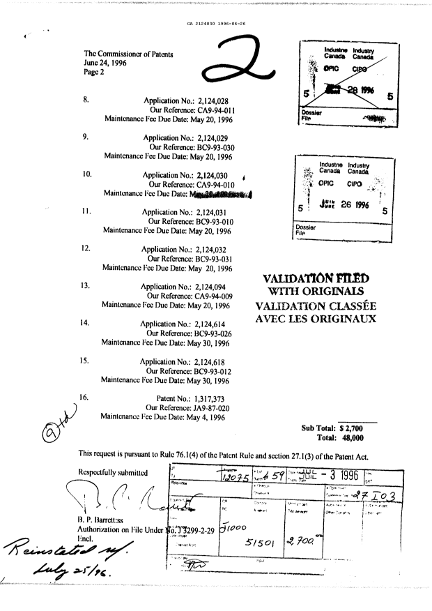 Document de brevet canadien 2124030. Paiement de taxe périodique 19960626. Image 1 de 1