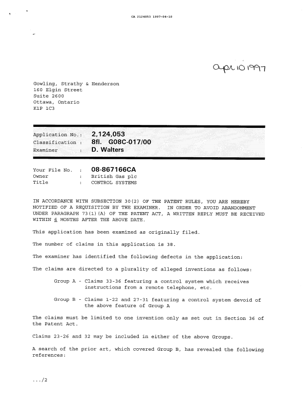 Canadian Patent Document 2124053. Prosecution-Amendment 19961210. Image 1 of 6
