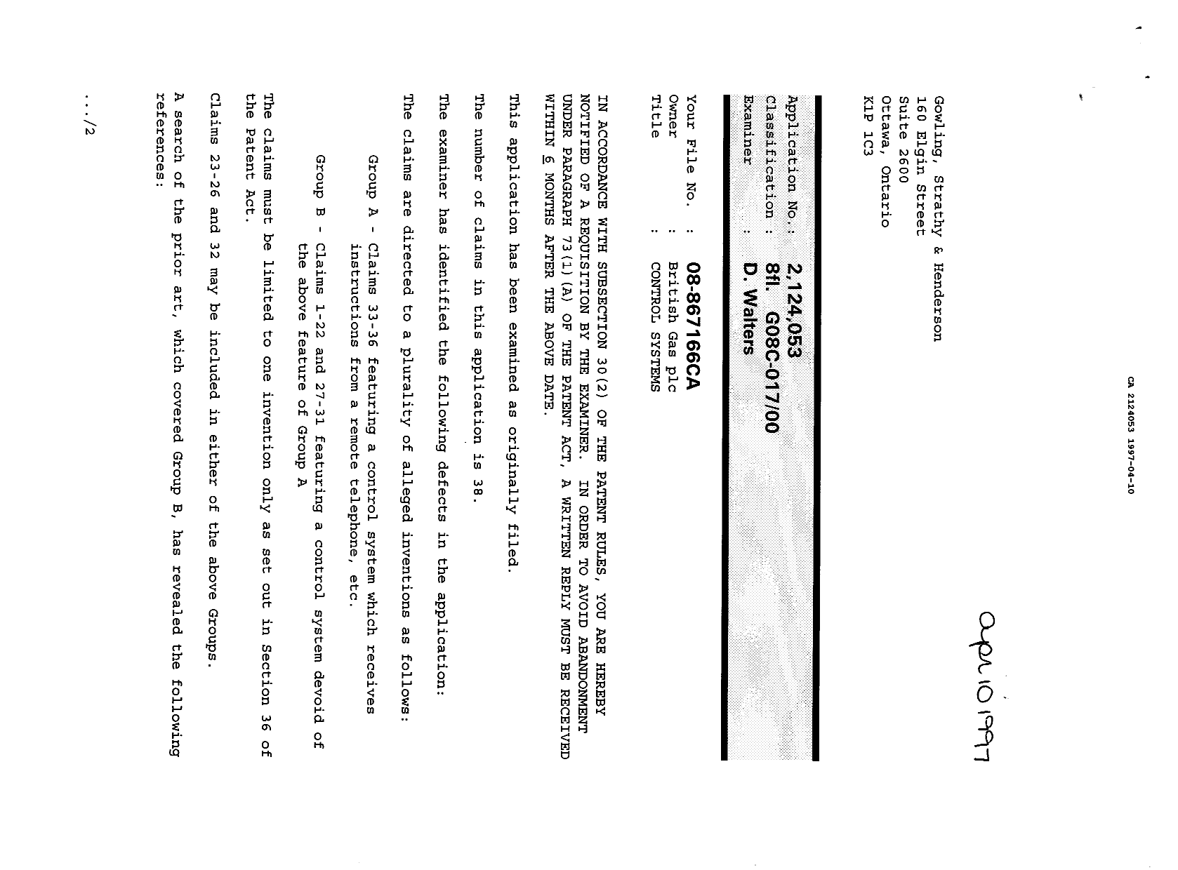Canadian Patent Document 2124053. Prosecution-Amendment 19961210. Image 1 of 6