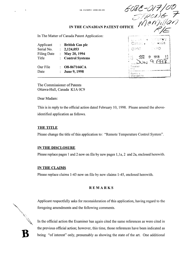 Canadian Patent Document 2124053. Prosecution-Amendment 19971209. Image 1 of 4