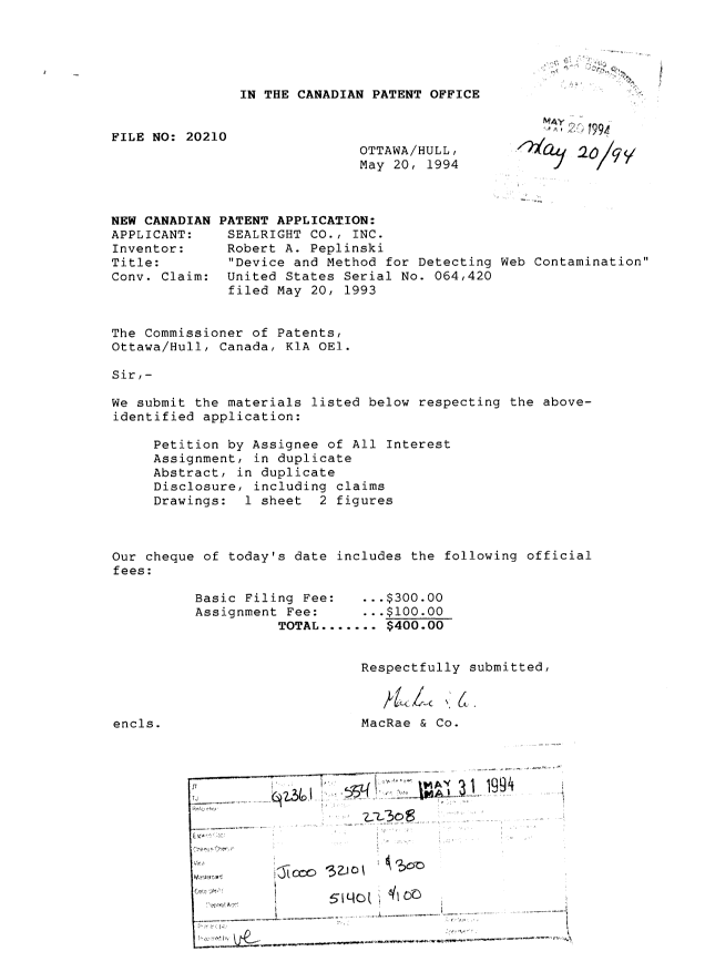 Document de brevet canadien 2124065. Cession 19940520. Image 1 de 9