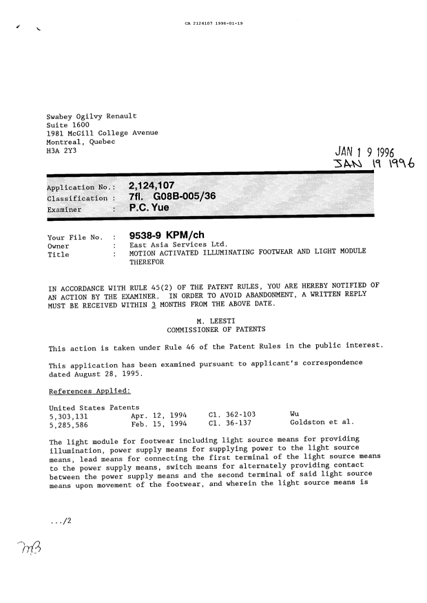 Document de brevet canadien 2124107. Demande d'examen 19960119. Image 1 de 2