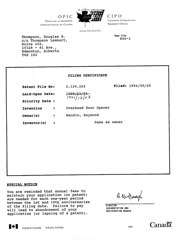 Document de brevet canadien 2124222. Correspondance de la poursuite 19940520. Image 1 de 14