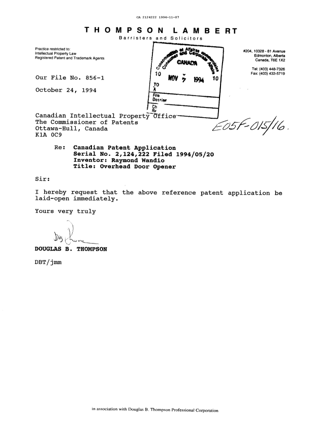 Document de brevet canadien 2124222. Correspondance reliée aux formalités 19941107. Image 1 de 1