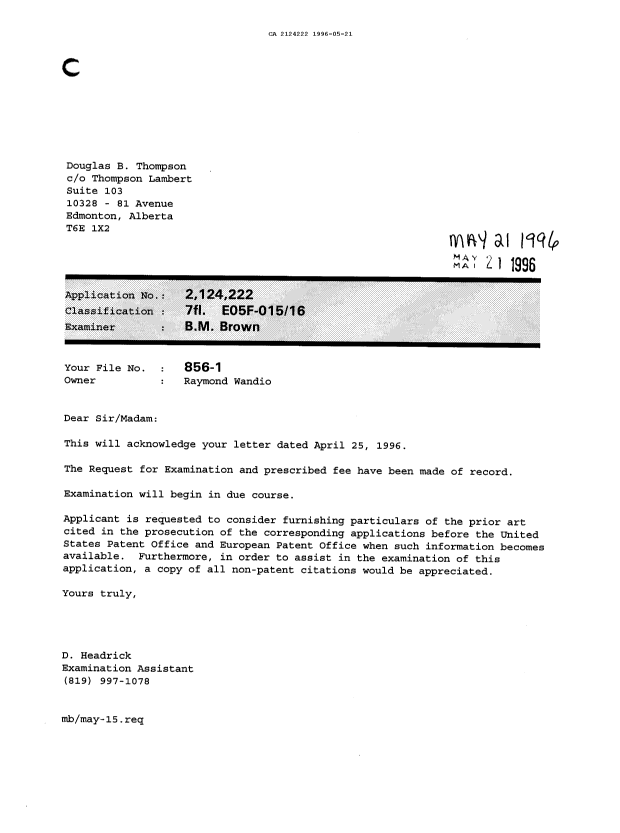 Document de brevet canadien 2124222. Lettre du bureau 19960521. Image 1 de 1