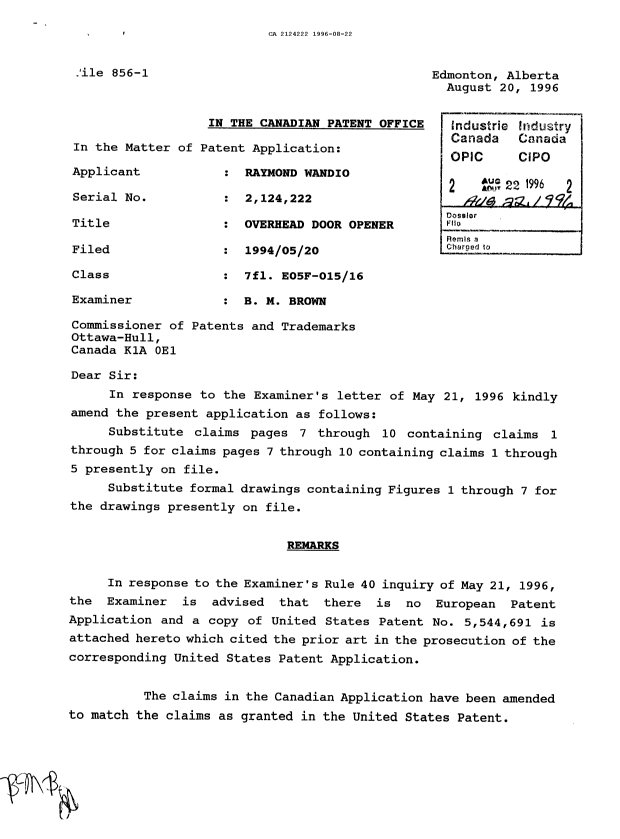 Document de brevet canadien 2124222. Correspondance de la poursuite 19960822. Image 1 de 2