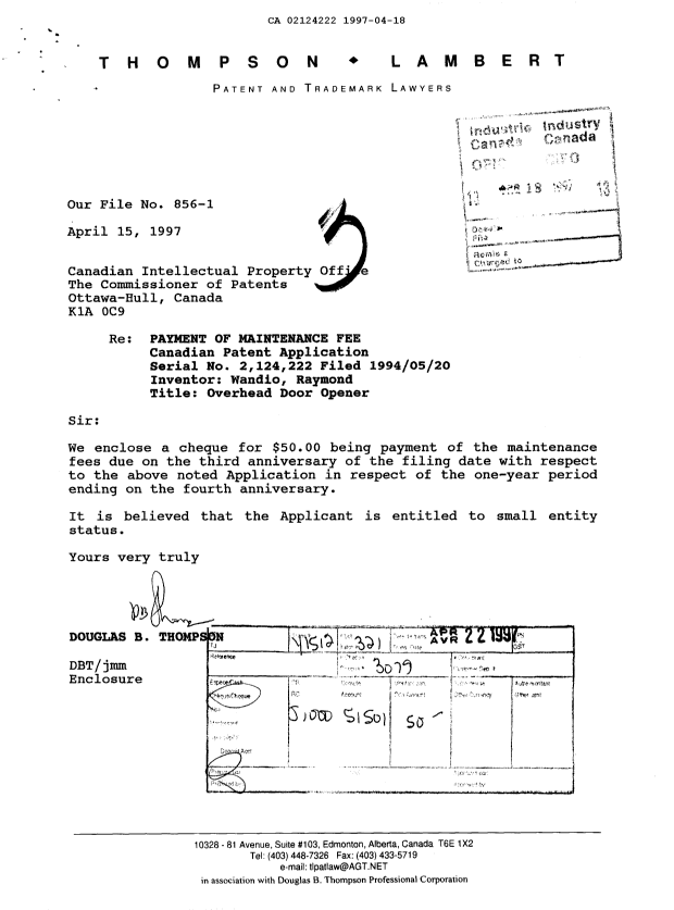 Document de brevet canadien 2124222. Taxes 19970418. Image 1 de 1