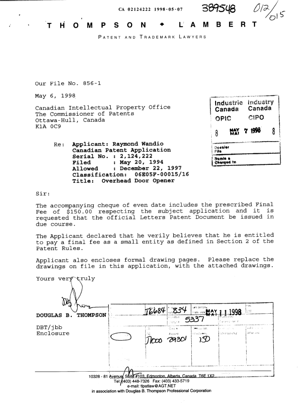 Document de brevet canadien 2124222. Correspondance 19980507. Image 1 de 1