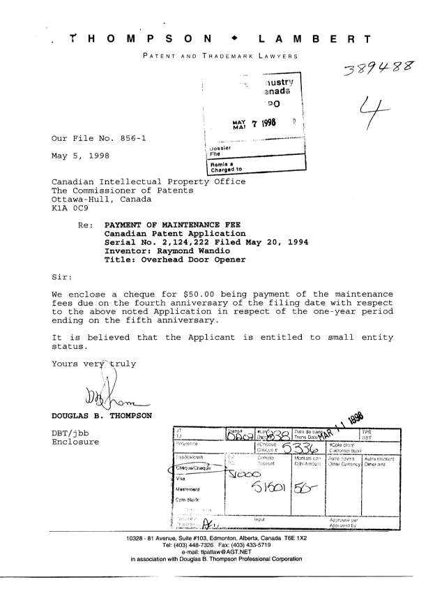 Document de brevet canadien 2124222. Taxes 19980507. Image 1 de 1