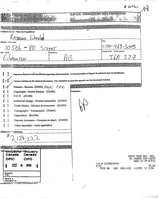Document de brevet canadien 2124222. Taxes 20000508. Image 1 de 2