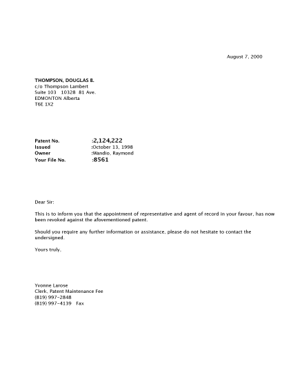 Document de brevet canadien 2124222. Correspondance 20000807. Image 1 de 1