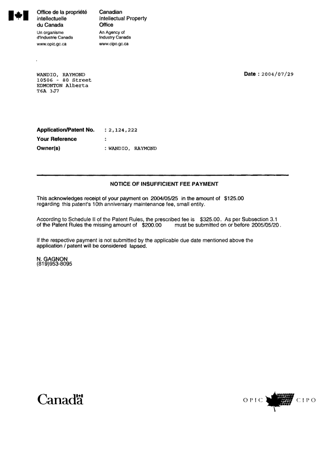 Document de brevet canadien 2124222. Correspondance 20040729. Image 1 de 1