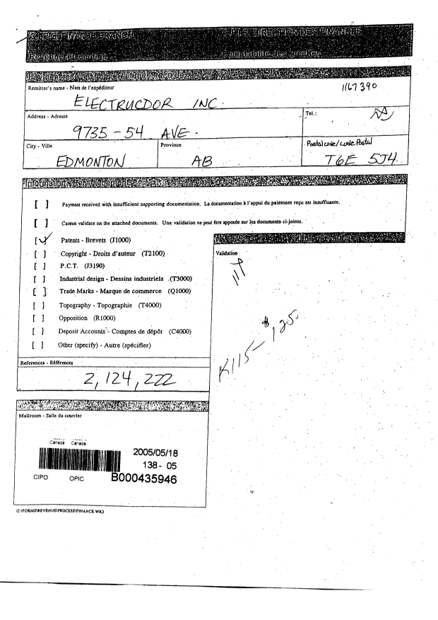 Document de brevet canadien 2124222. Taxes 20050518. Image 1 de 2