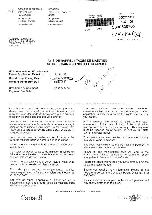 Document de brevet canadien 2124222. Taxes 20070517. Image 1 de 1