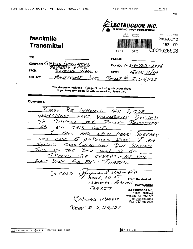 Document de brevet canadien 2124222. Correspondance 20090610. Image 1 de 1