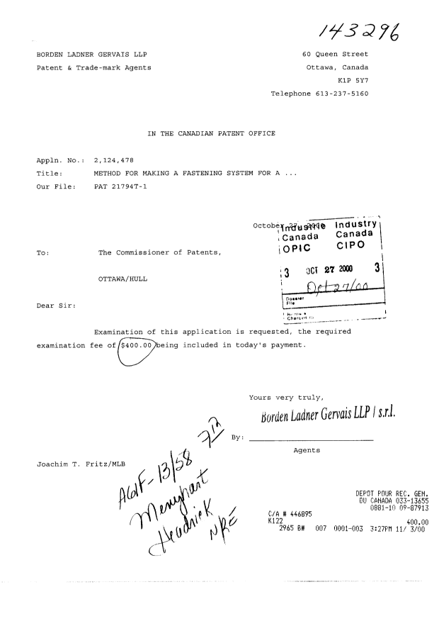 Canadian Patent Document 2124478. Prosecution-Amendment 20001027. Image 1 of 1