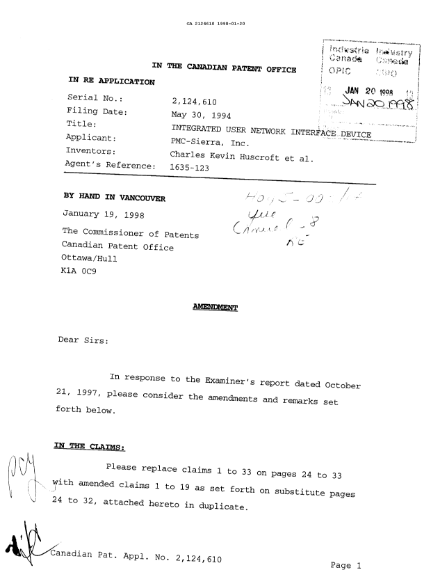 Canadian Patent Document 2124610. Prosecution Correspondence 19980120. Image 1 of 11