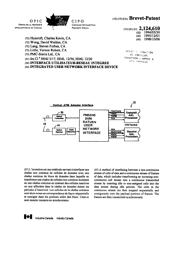Document de brevet canadien 2124610. Page couverture 19990112. Image 1 de 2