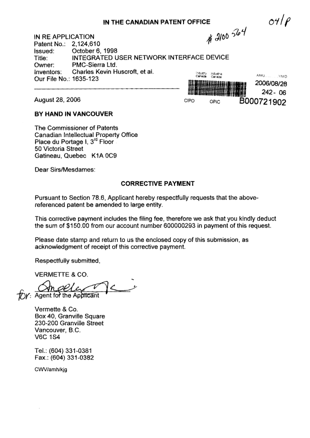 Canadian Patent Document 2124610. Prosecution-Amendment 20060828. Image 1 of 1