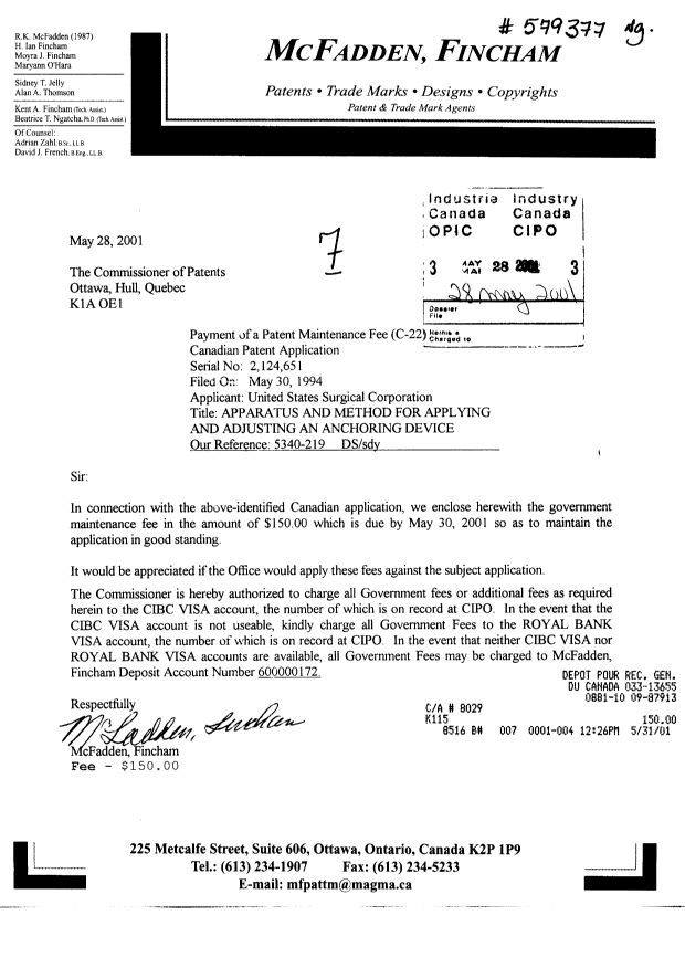Document de brevet canadien 2124651. Taxes 20010528. Image 1 de 1