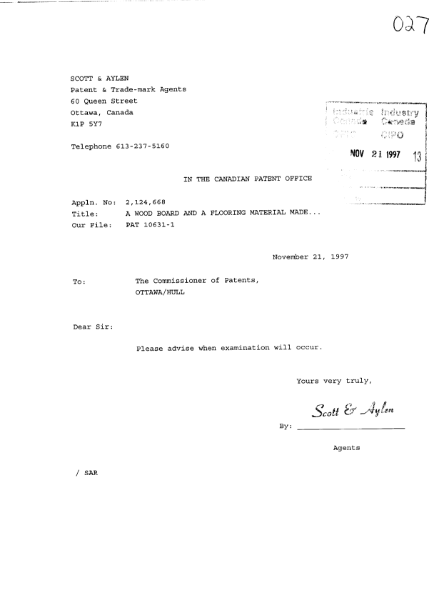 Canadian Patent Document 2124668. Prosecution-Amendment 19971121. Image 1 of 1