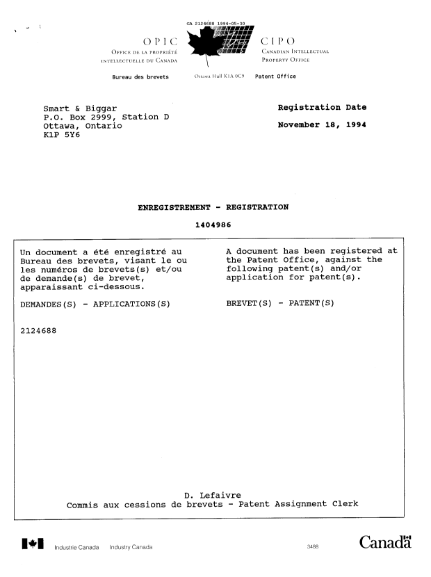 Document de brevet canadien 2124688. Correspondance de la poursuite 19940530. Image 1 de 14