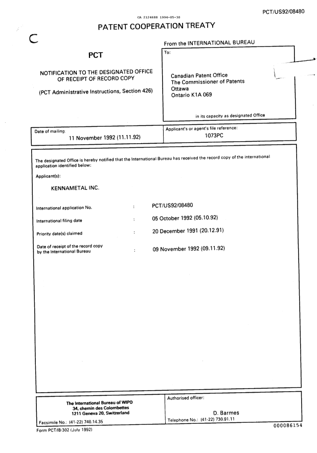 Document de brevet canadien 2124688. Rapport d'examen préliminaire international 19940530. Image 1 de 13