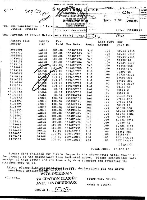 Document de brevet canadien 2124688. Taxes 19940927. Image 1 de 1