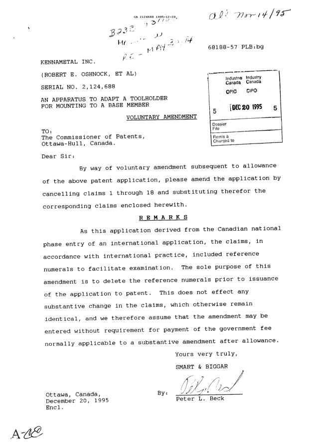 Document de brevet canadien 2124688. Correspondance de la poursuite 19951220. Image 1 de 1
