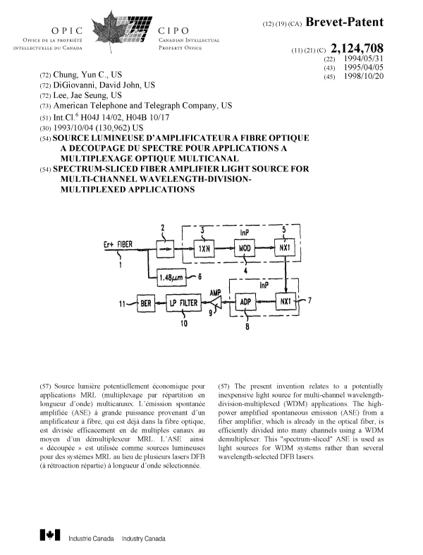 Document de brevet canadien 2124708. Page couverture 19981123. Image 1 de 1