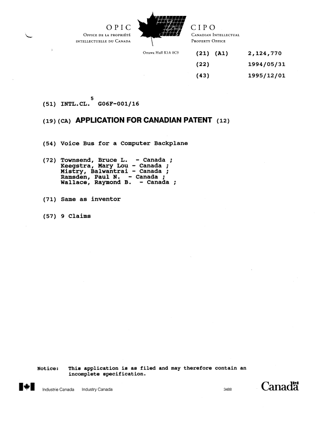 Canadian Patent Document 2124770. Cover Page 19960710. Image 1 of 1