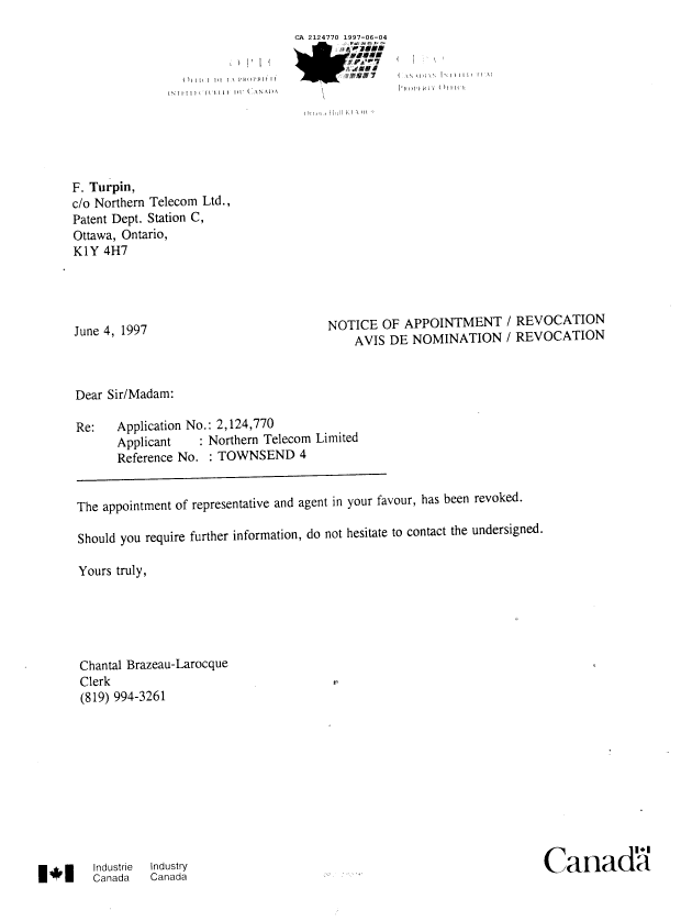 Canadian Patent Document 2124770. Office Letter 19970604. Image 1 of 1