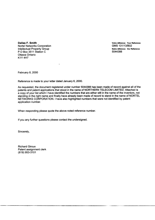 Canadian Patent Document 2124770. Correspondence 20000208. Image 1 of 1