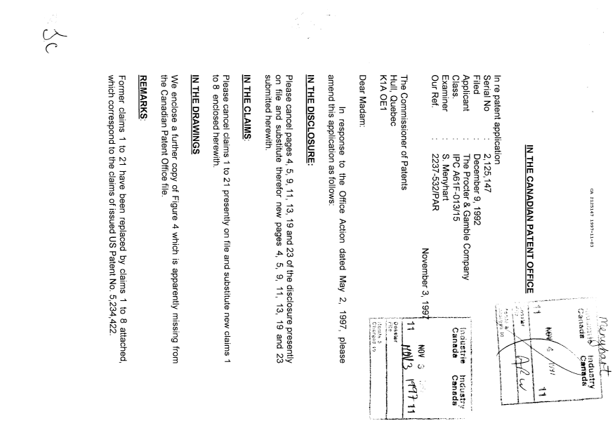 Canadian Patent Document 2125147. Prosecution Correspondence 19971103. Image 1 of 3