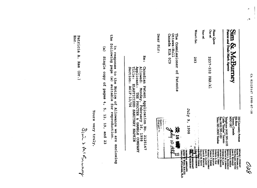 Canadian Patent Document 2125147. Correspondence 19980710. Image 1 of 6