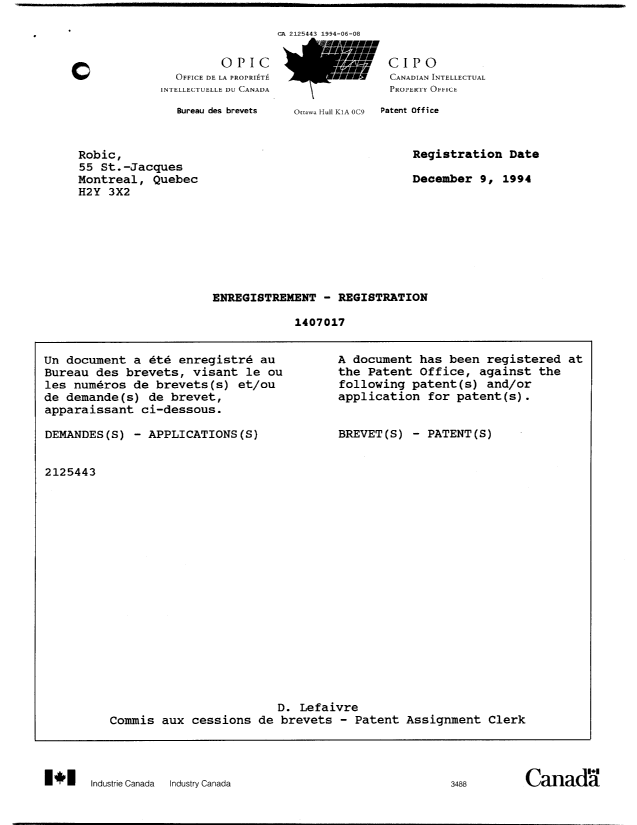 Canadian Patent Document 2125443. Prosecution Correspondence 19940608. Image 1 of 8