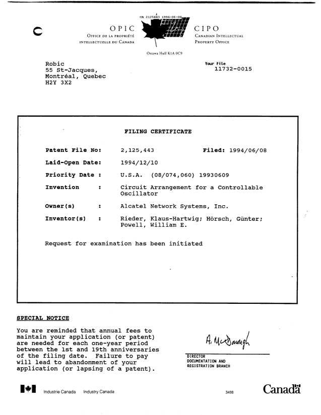 Canadian Patent Document 2125443. Prosecution Correspondence 19940608. Image 2 of 8