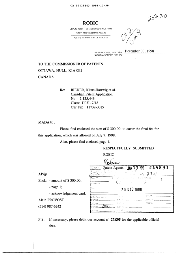 Canadian Patent Document 2125443. Correspondence 19981230. Image 1 of 2