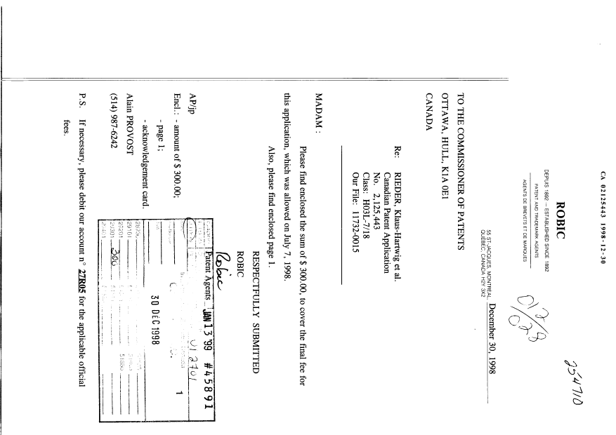 Canadian Patent Document 2125443. Correspondence 19981230. Image 1 of 2