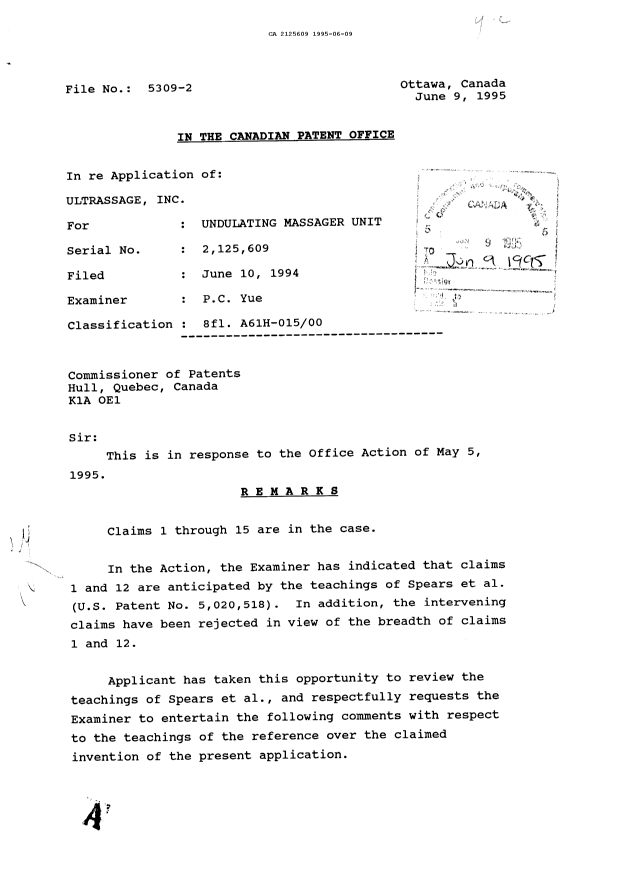 Canadian Patent Document 2125609. Prosecution Correspondence 19950609. Image 1 of 3