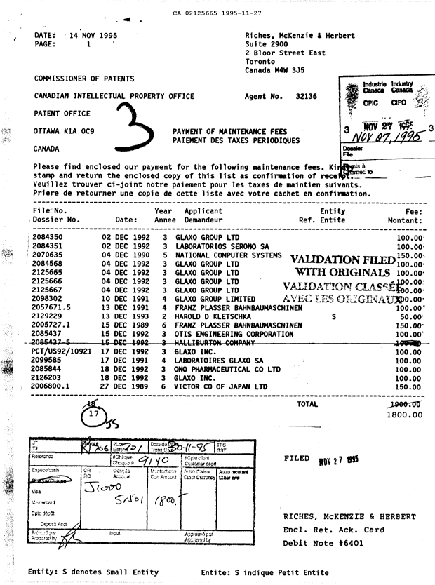Canadian Patent Document 2125665. Fees 19941227. Image 1 of 1