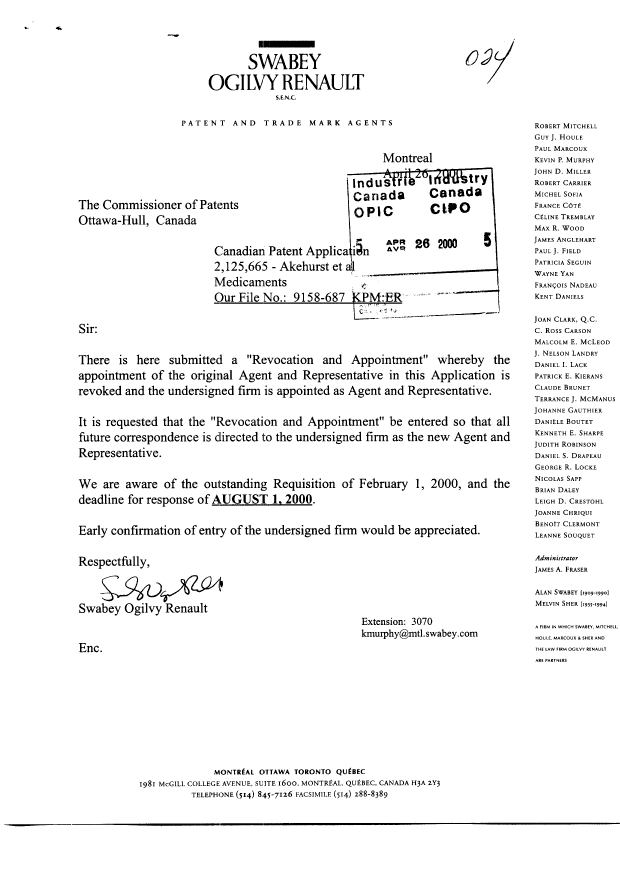 Canadian Patent Document 2125665. Correspondence 19991226. Image 1 of 2