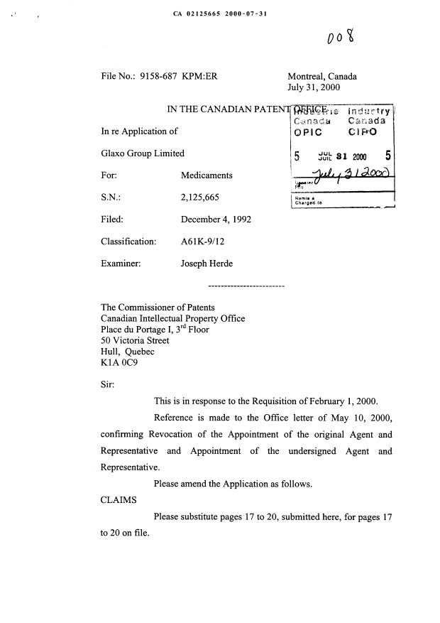 Canadian Patent Document 2125665. Prosecution-Amendment 19991231. Image 1 of 11