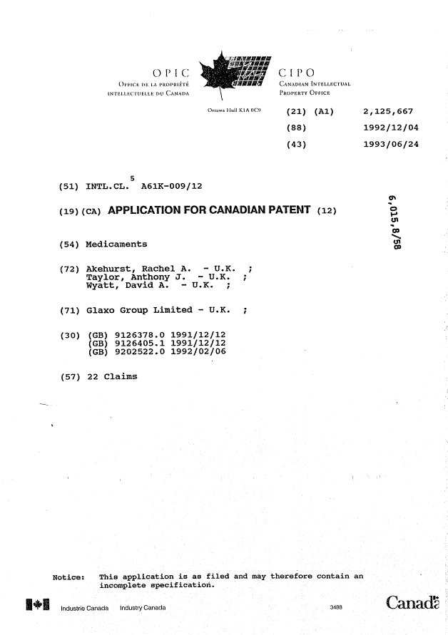 Canadian Patent Document 2125667. Cover Page 19941220. Image 1 of 1