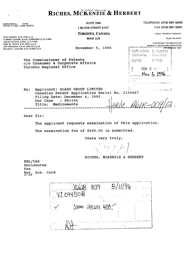 Canadian Patent Document 2125667. Prosecution-Amendment 19951205. Image 1 of 1